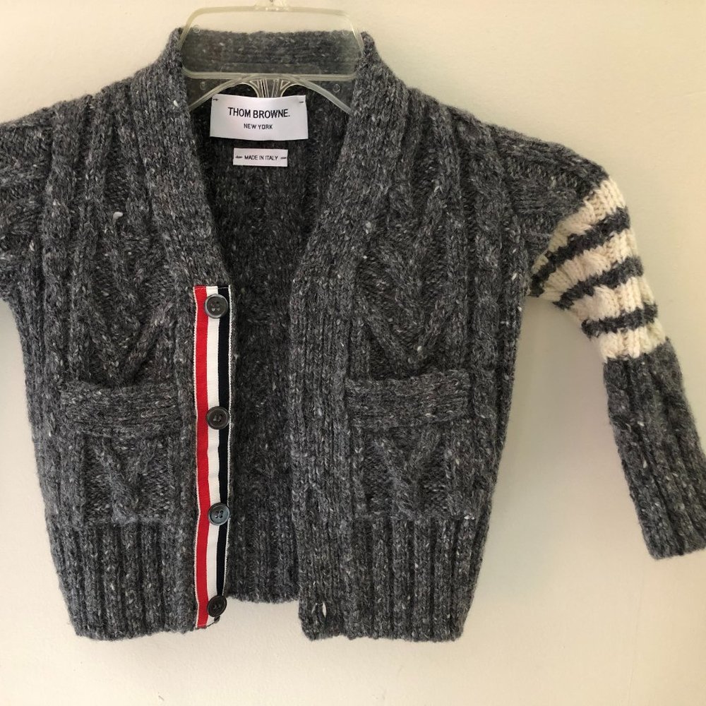 Thom Browne Child's Cable Knit Merino Wool Button Down Cardigan